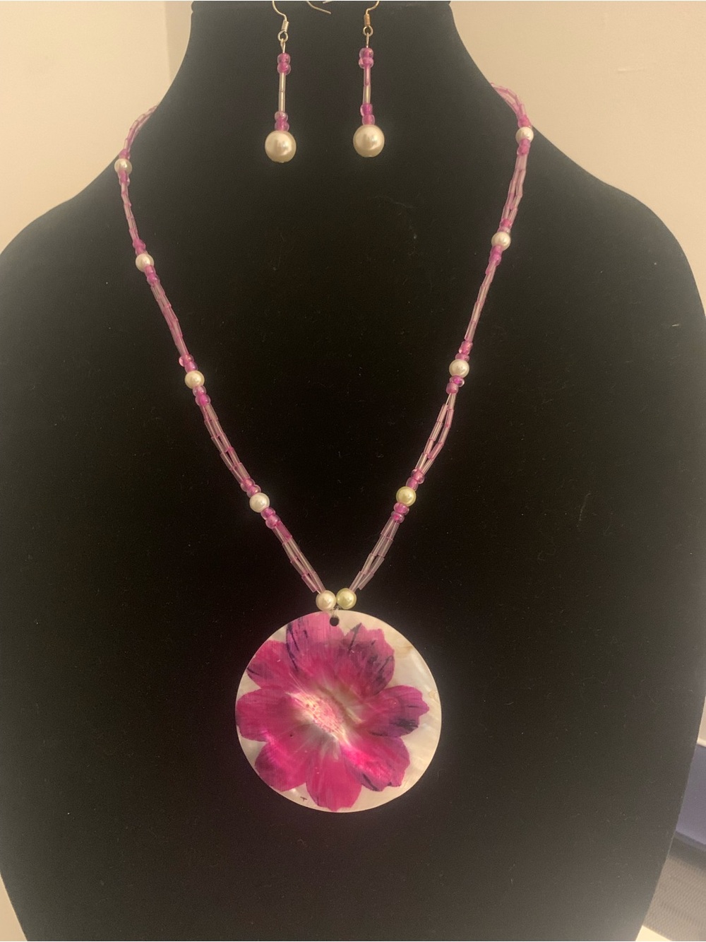 Pink Floral Resin Pendant Necklace with Matching Earrings
